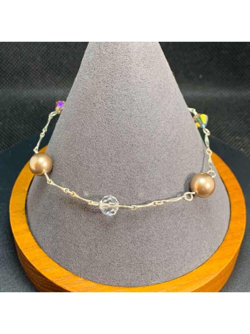 Champagne Faux Pearl Swarovski Crystal Station Bracelet VTG Sterling Silver 7.5"
